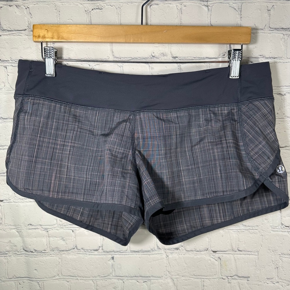 Lululemon Speed Up Running Shorts Grey Plaid Pink Zipper Pocket Womens Size 10